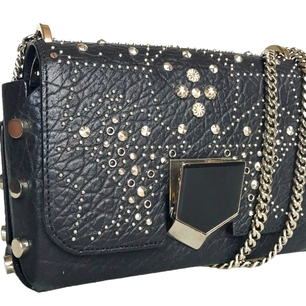 JIMMY CHOO LOCKETT BLACK LEATHER SILVER STAR STUDDED and CHAIN CROSSBODY